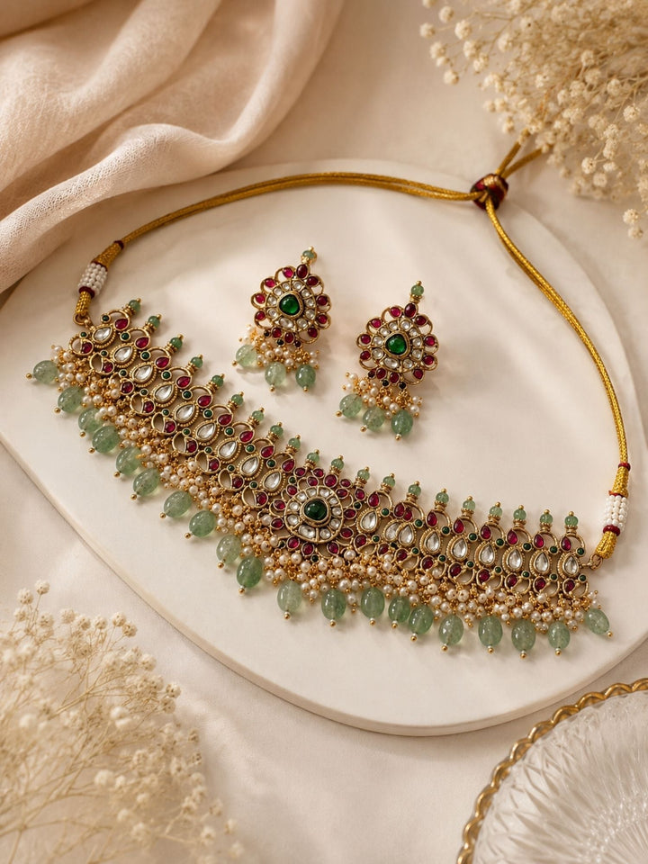 Kemp Stone Multicolour Choker Necklace Set |  SHOBITAM