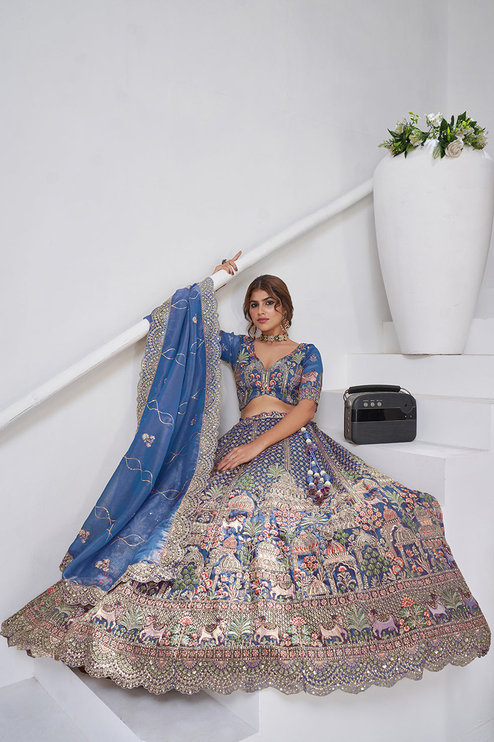 Ishanya Tissue Organza Teal Lehenga | SHOBITAM