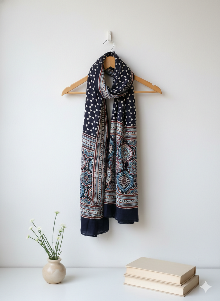 Midnight Symphony Ajrakh Modal Silk Stole | SHOBITAM