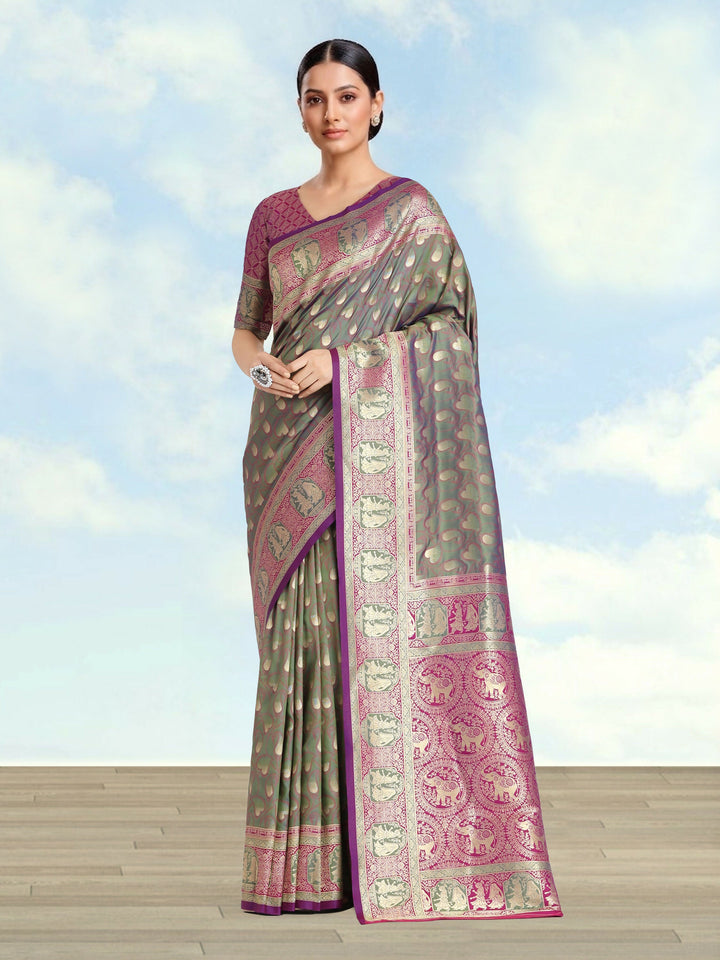 Olive Green Color Weaving Semi Banarasi Silk Saree| SHOBITAM
