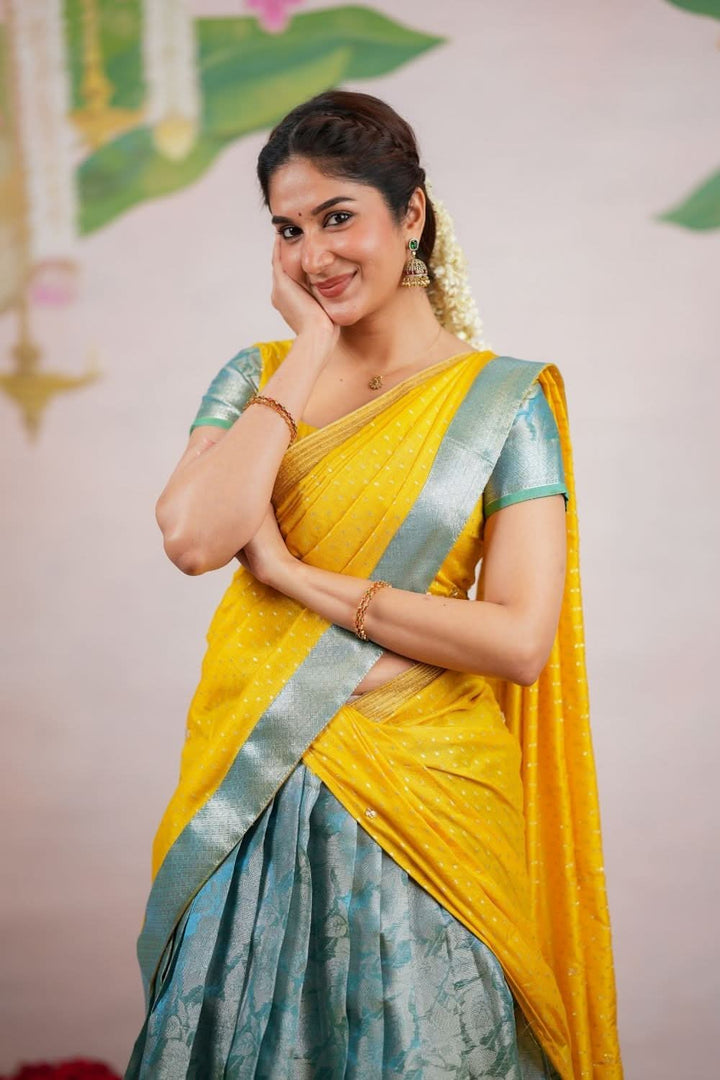 Nethra Aqua Blue Halfsaree (Set of 3) | SHOBITAM