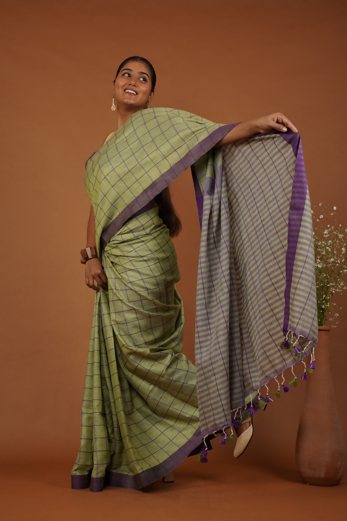 Vanika Rekha Handwoven Olive Green Cotton Saree  | SHOBITAM