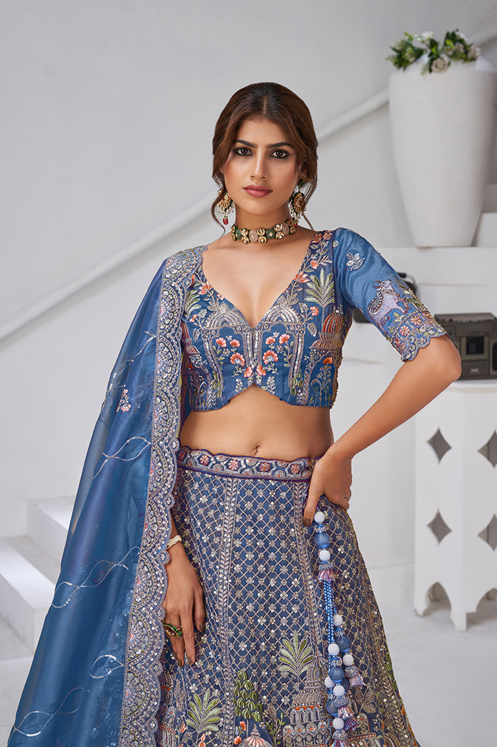 Ishanya Tissue Organza Teal Lehenga | SHOBITAM