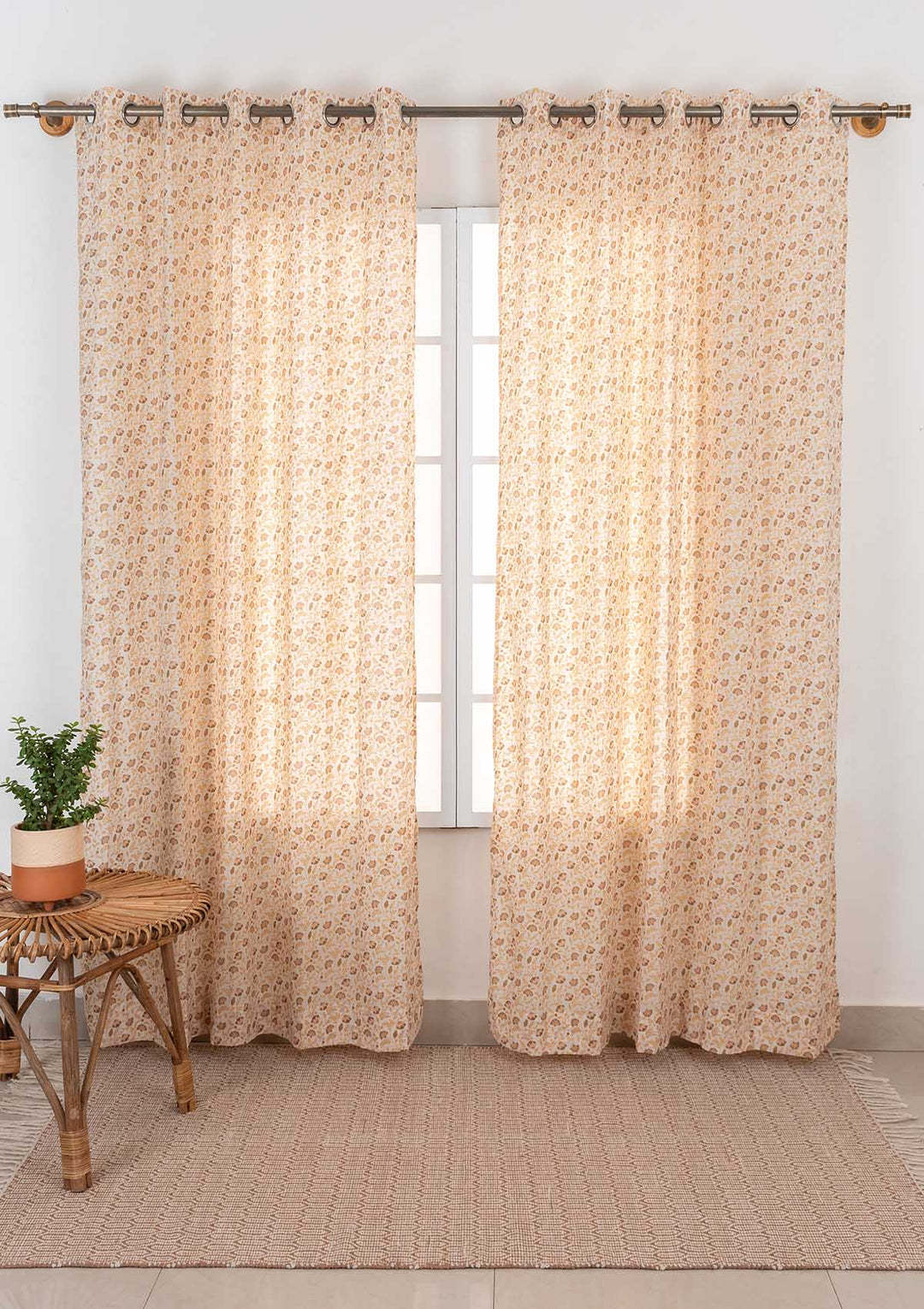 Calico 100% cotton ethnic sheer curtain for living room - Light filtering - Amber - Single Piece | SHOBITAM
