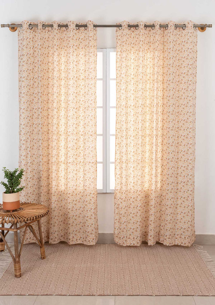 Calico 100% cotton ethnic sheer curtain for living room - Light filtering - Amber - Single Piece | SHOBITAM