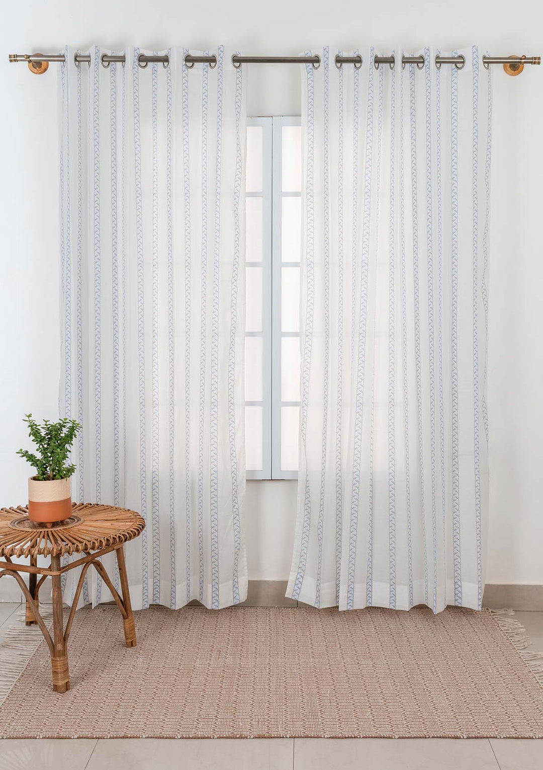 Oriental Stripes 100% Cotton Sheer Geometric curtain for Living room & bedroom - Light filtering - Powder Blue - Single Piece