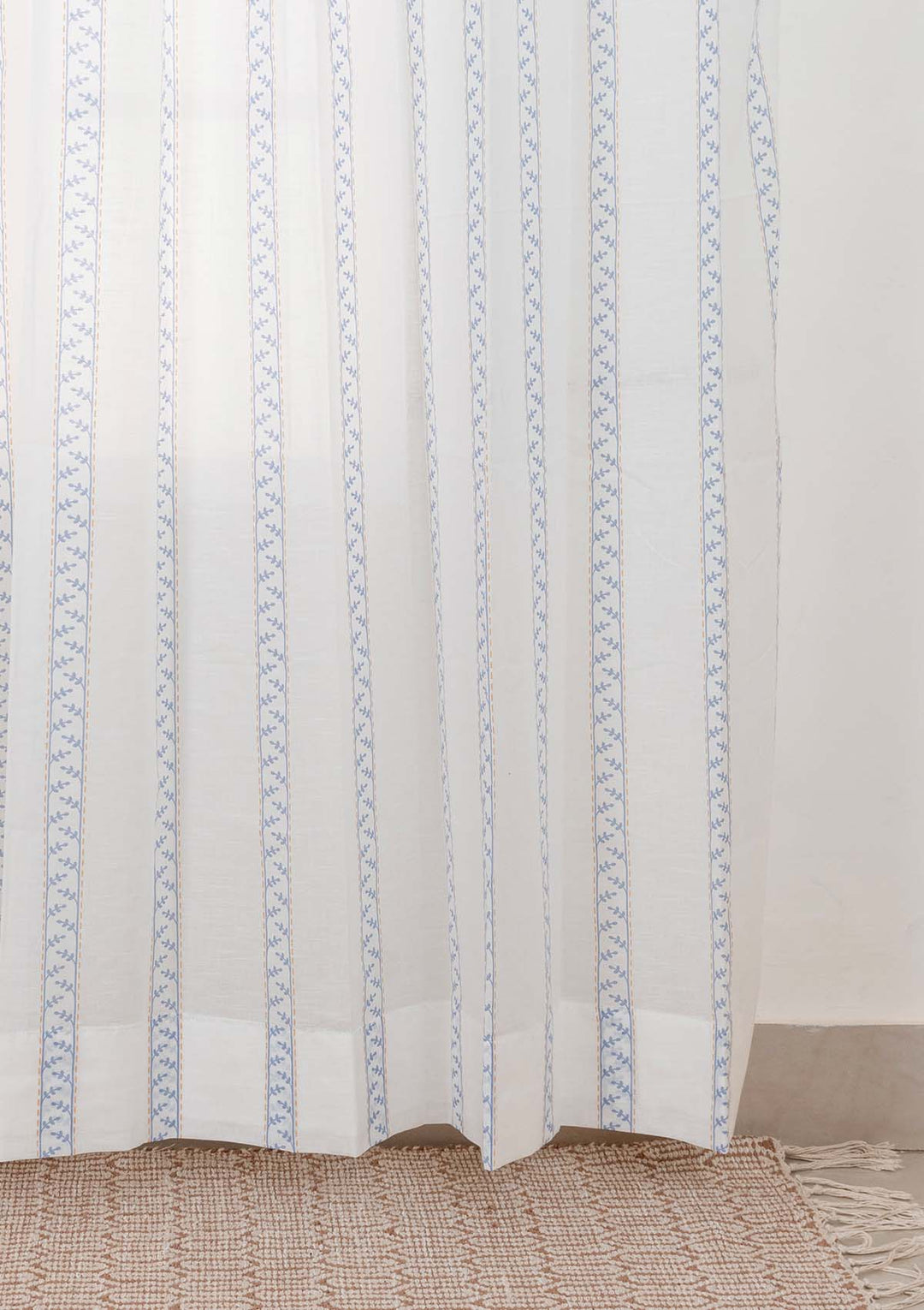 Oriental Stripes 100% Cotton Sheer Geometric curtain for Living room & bedroom - Light filtering - Powder Blue - Single Piece