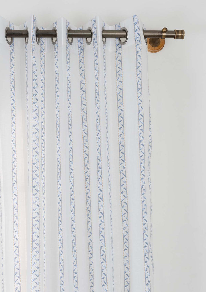 Oriental Stripes 100% Cotton Sheer Geometric curtain for Living room & bedroom - Light filtering - Powder Blue - Single Piece