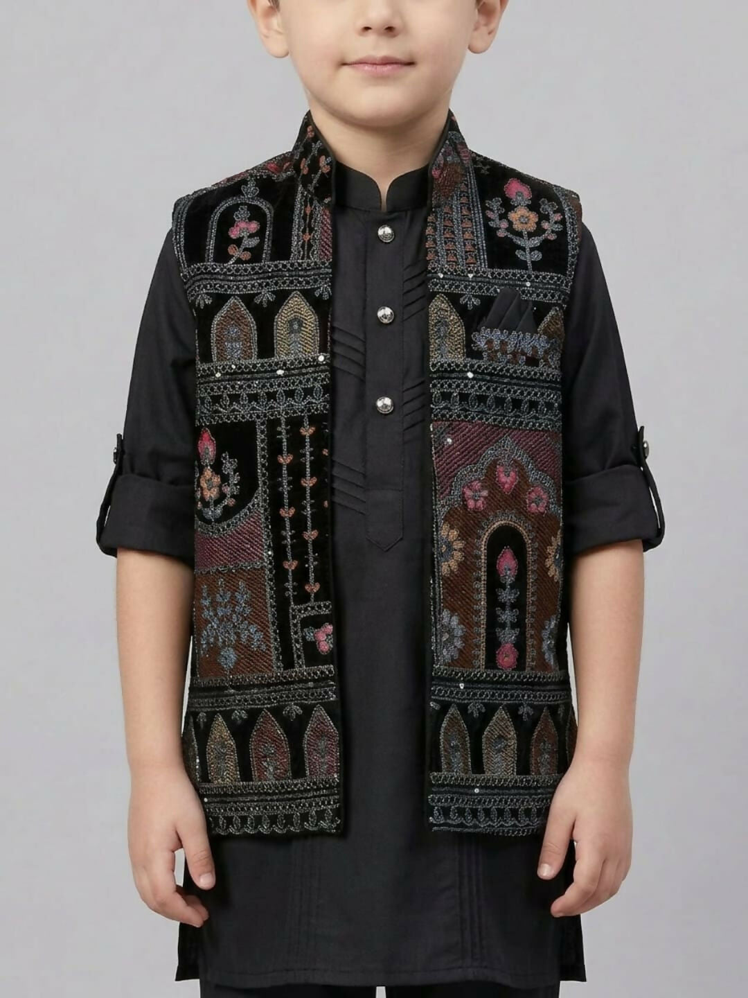 Boys Black Kurta Pajama Set with Printed Nehru Jacket | SHOBITAM