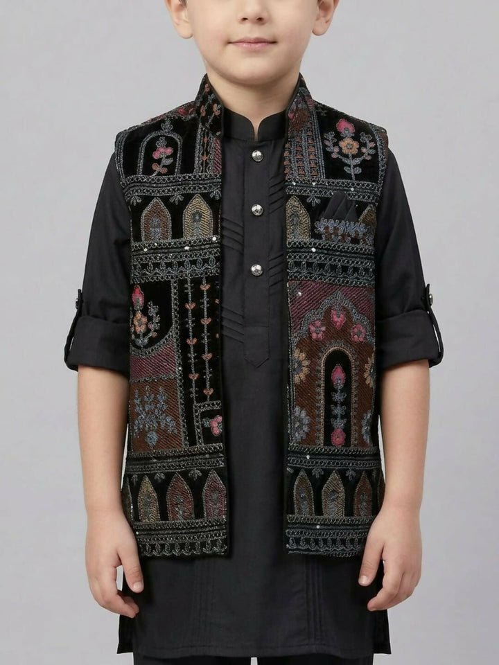 Boys Black Kurta Pajama Set with Printed Nehru Jacket | SHOBITAM