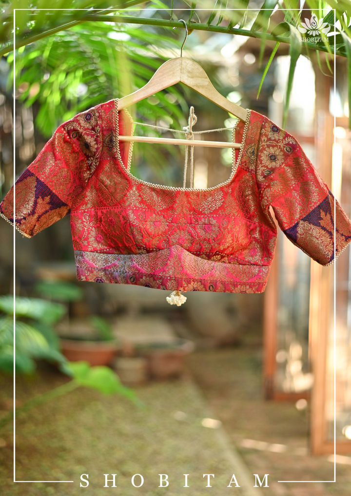 Banarasi Multicolor Panel design  Zari Brocade Blouse with Antique tone zari