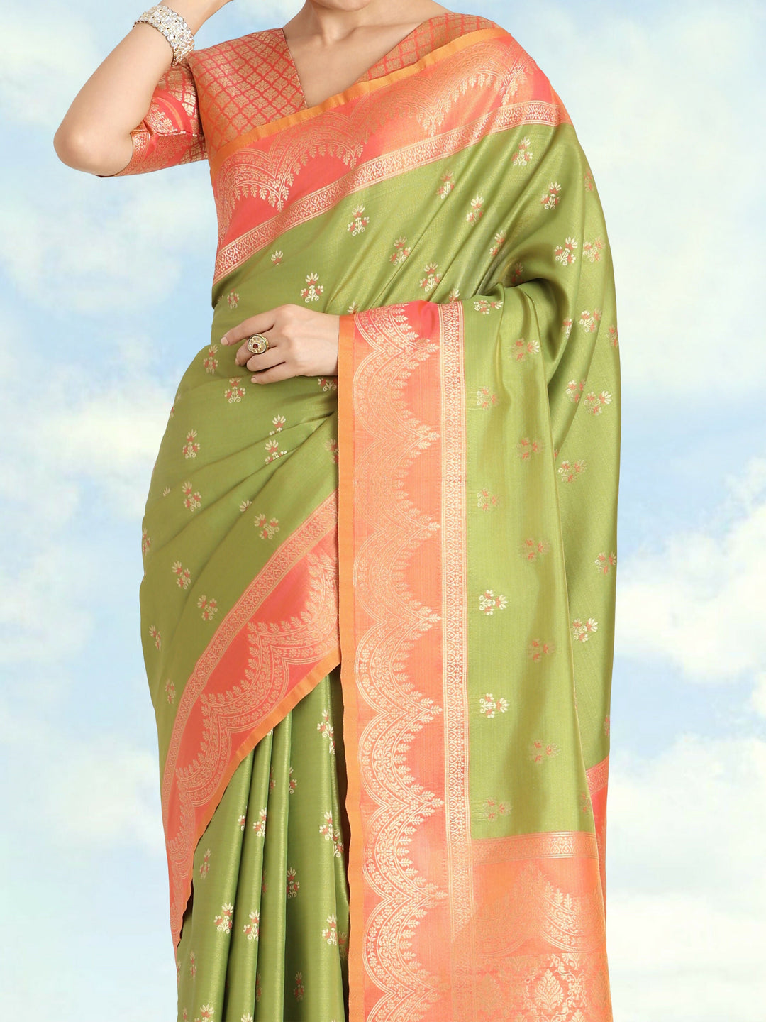 Olive Green Color Weaving Semi Banarasi Tissue Silk Saree | SHOBITAM
