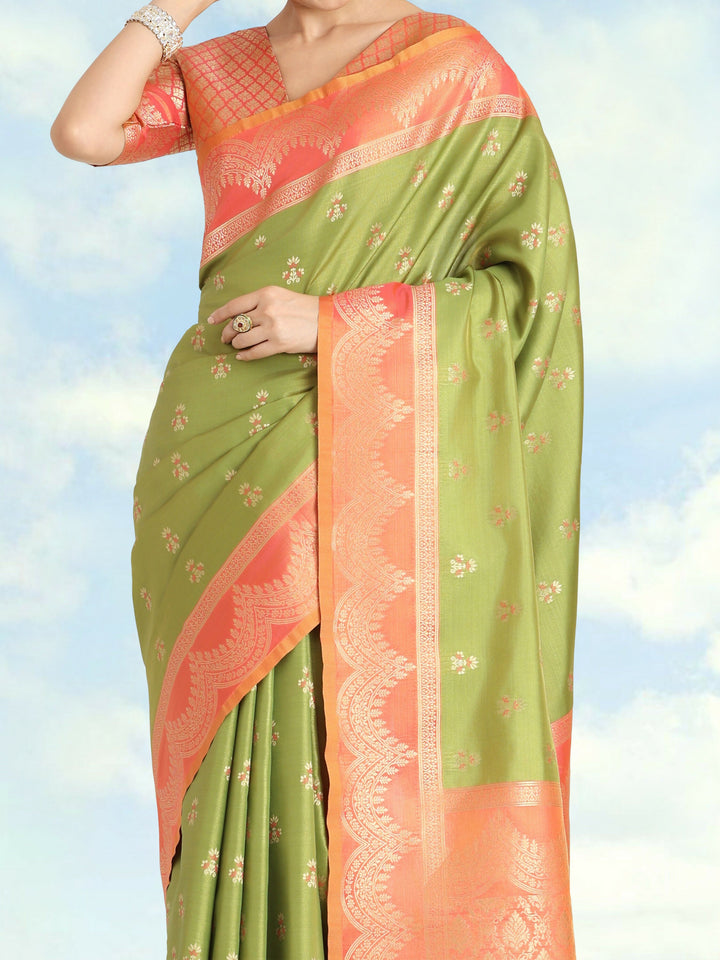 Olive Green Color Weaving Semi Banarasi Tissue Silk Saree | SHOBITAM