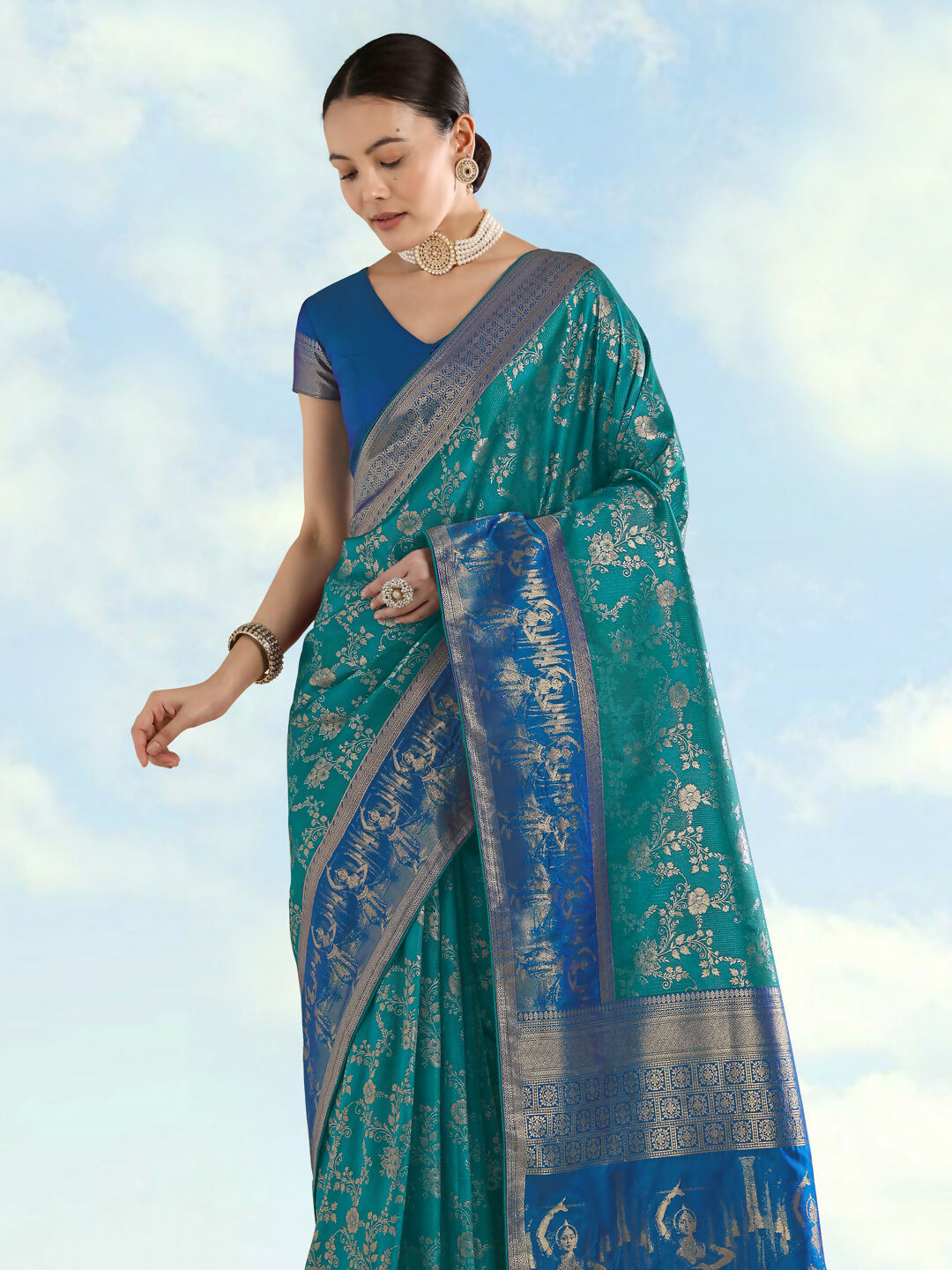 Turquoise Banarasi Semi Silk Saree With Zari Woven Design  | SHOBITAM