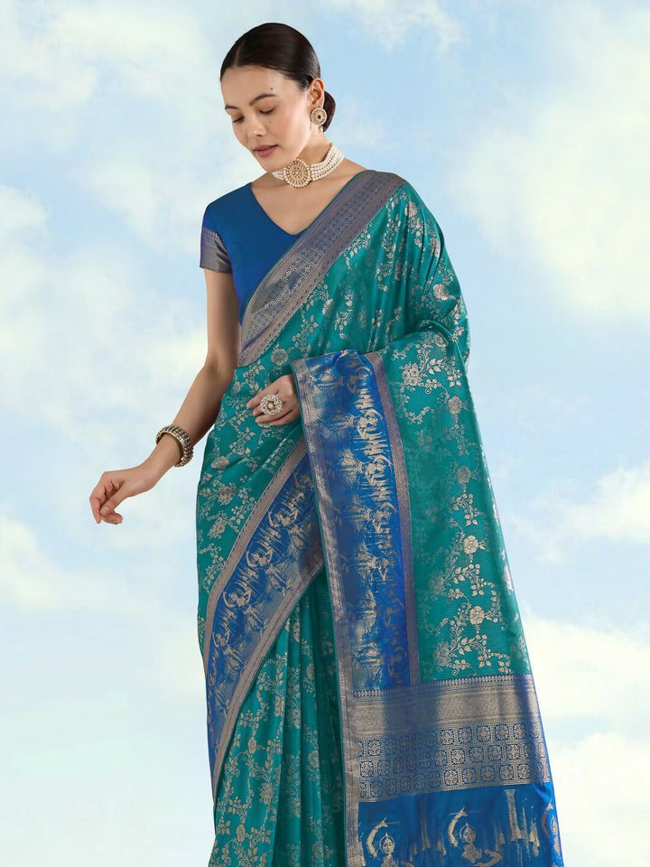 Turquoise Banarasi Semi Silk Saree With Zari Woven Design  | SHOBITAM