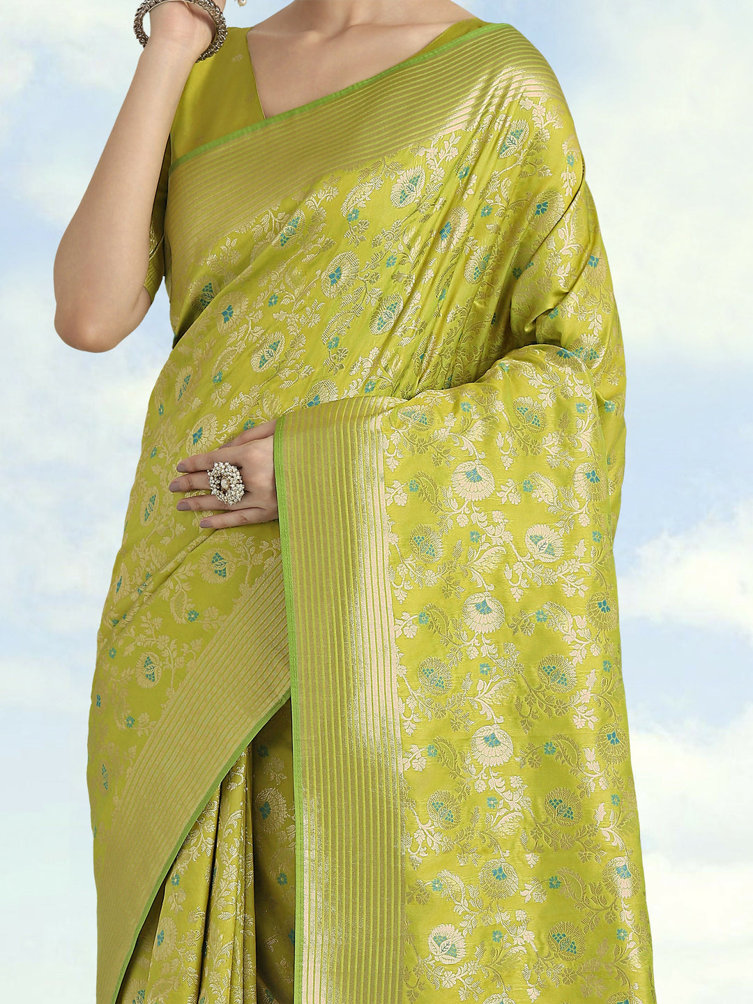 Banarasi Silk Parrot Green Jaal Pattern Saree | SHOBITAM