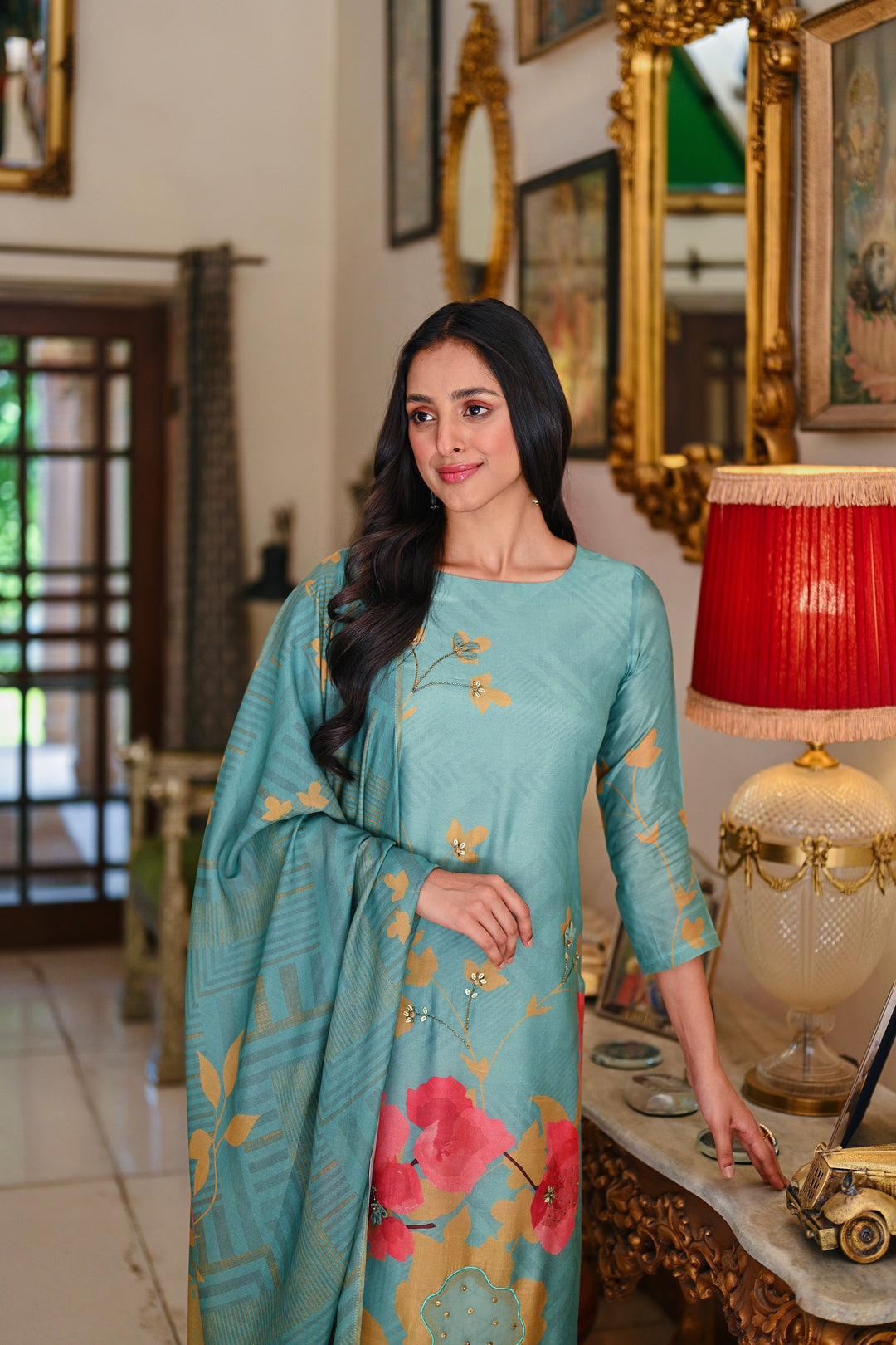 Green Bloom Pure Muslin Suit Set With Patch Work and Moti with Tube Bead Work- SET OF-3 | SHOBITAM
