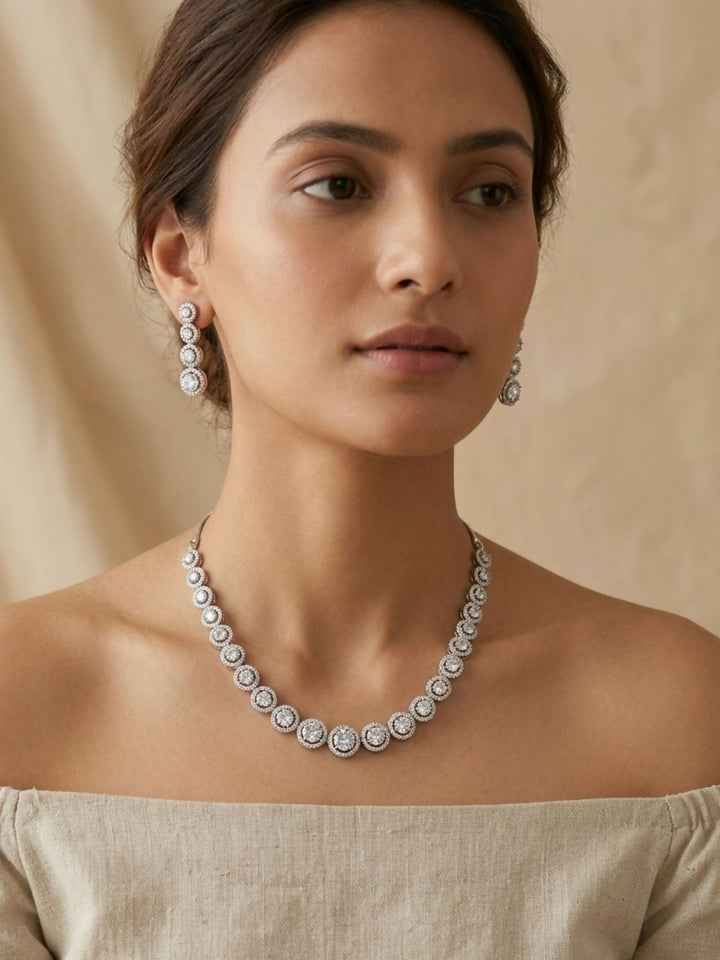 Round Silver Plated American Diamond Necklace Set | SHOBITAM