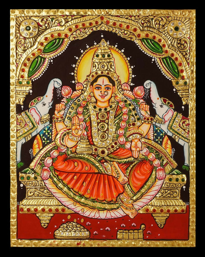 10x8" Gajalakshmi Tanjore Painting, Authentic With 22 Ct gold Foil and Jaipur Gemstones ,Unframed | SHOBITAM