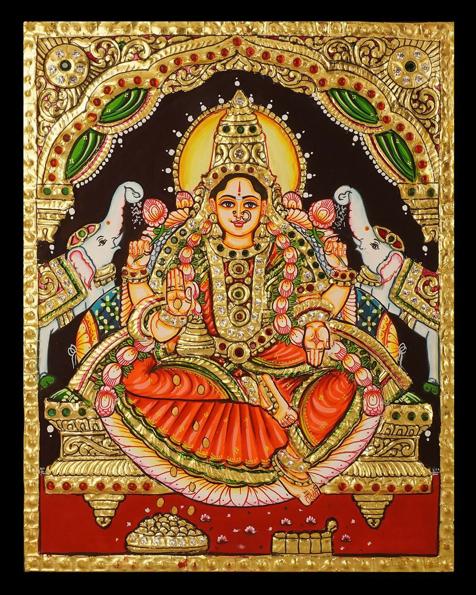 10x8" Tanjore Painting of Gajalakshmi Authentic With 22 Ct gold Foil and Jaipur Gemstones ,Unframed | SHOBITAM