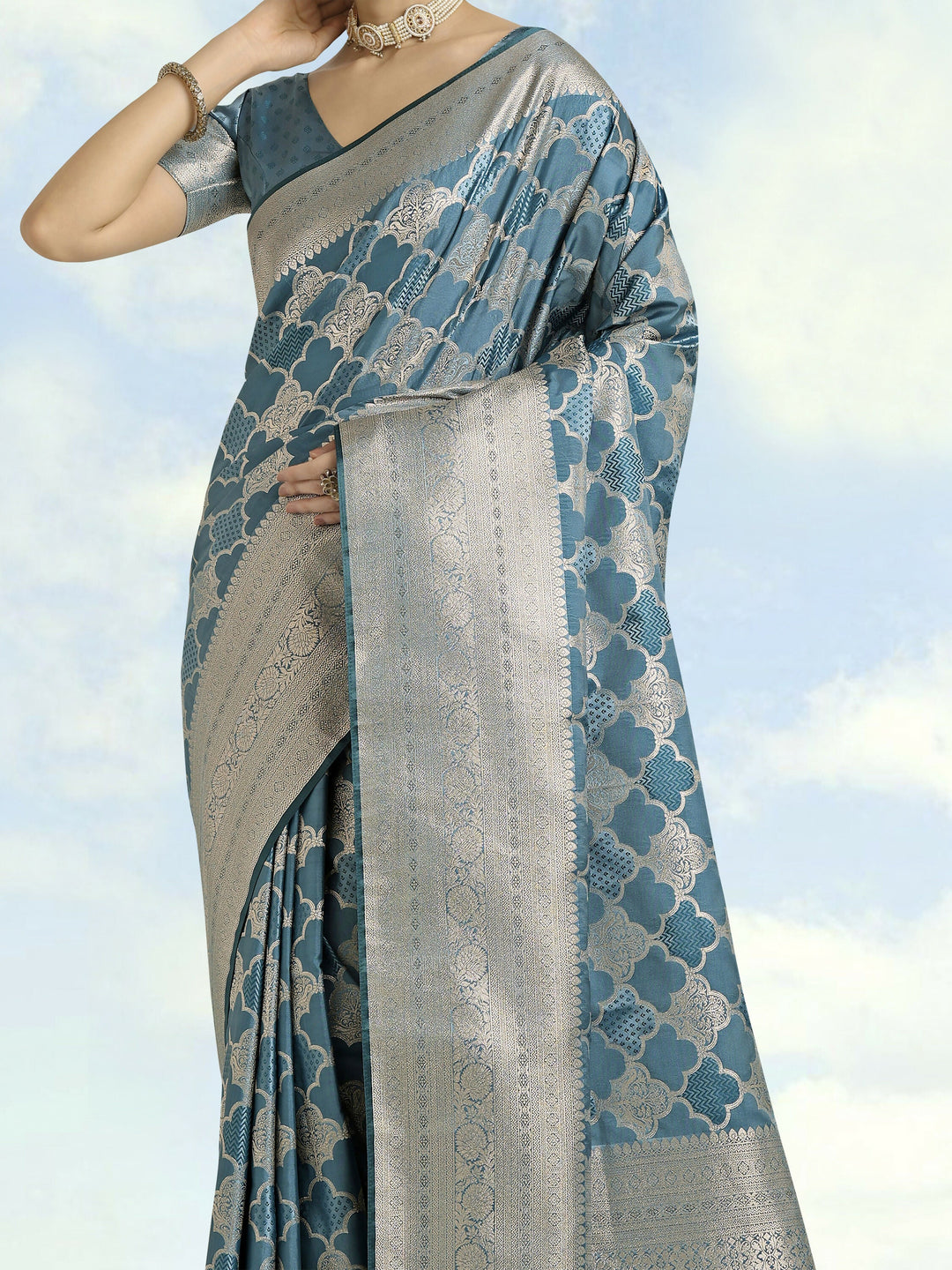 Cyan blue Banarasi Satin Silk Saree | SHOBITAM