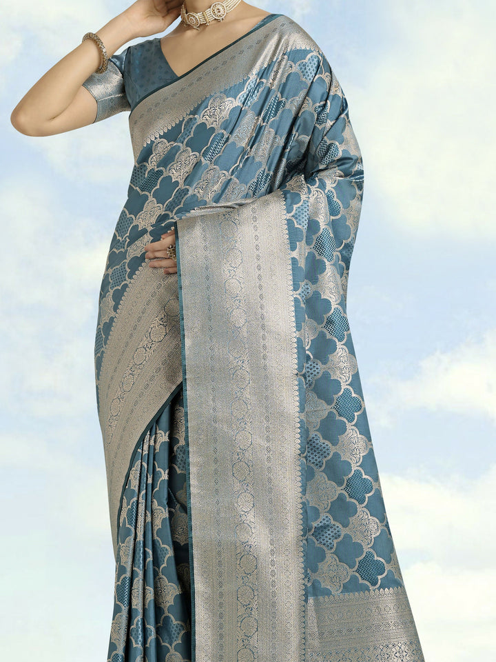 Cyan blue Banarasi Satin Silk Saree | SHOBITAM
