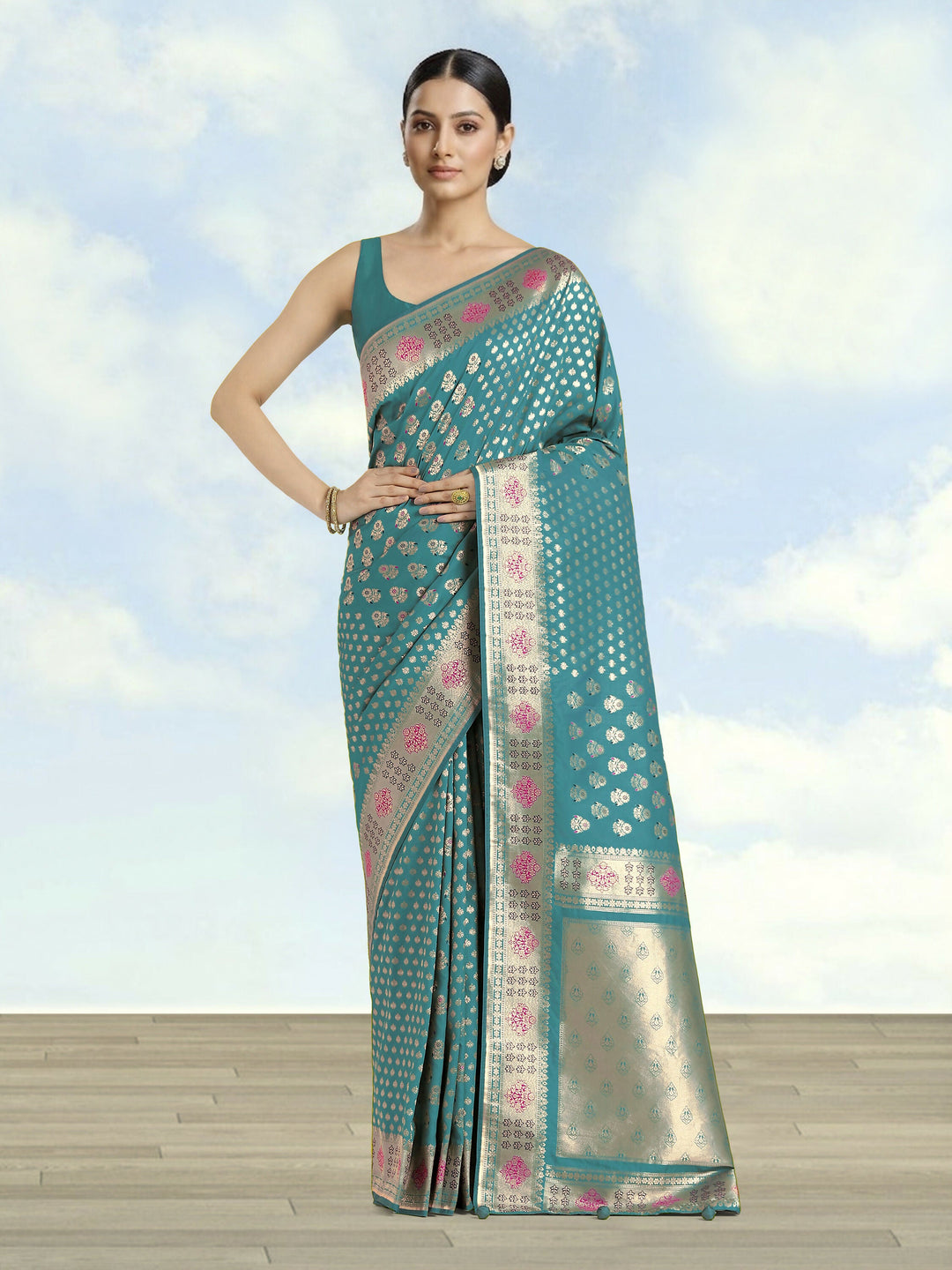 Cyan blue Colour Banarasi Satin  Silk Zari Weaving Saree | SHOBITAM