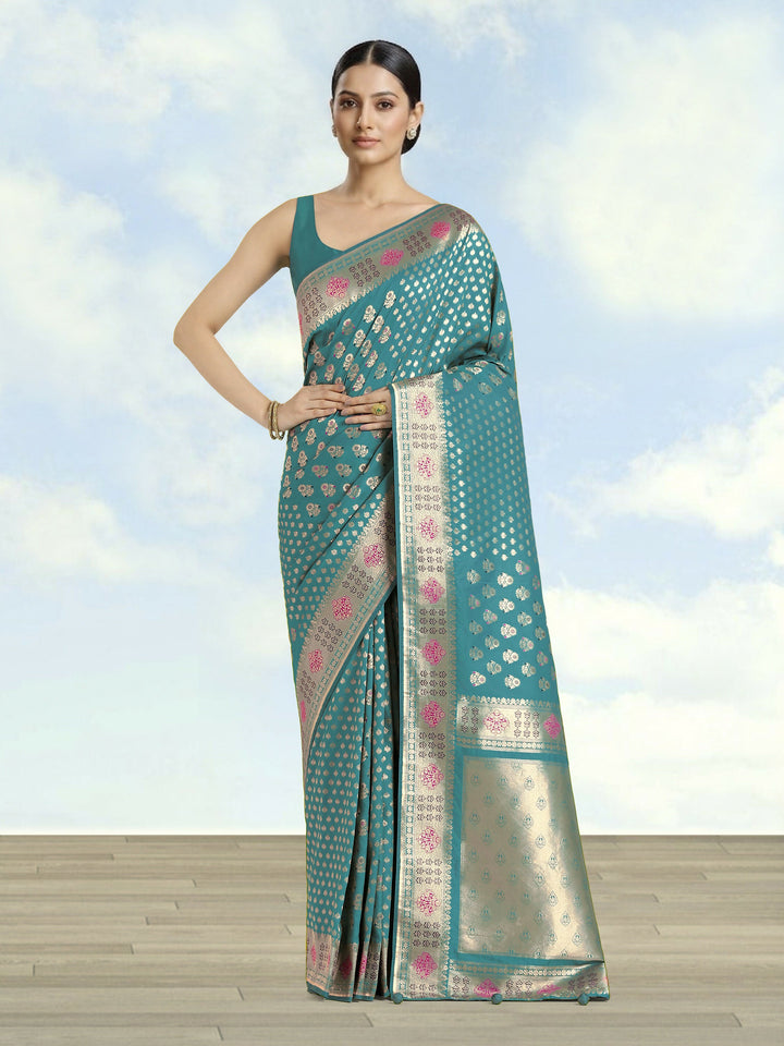 Cyan blue Colour Banarasi Satin  Silk Zari Weaving Saree | SHOBITAM
