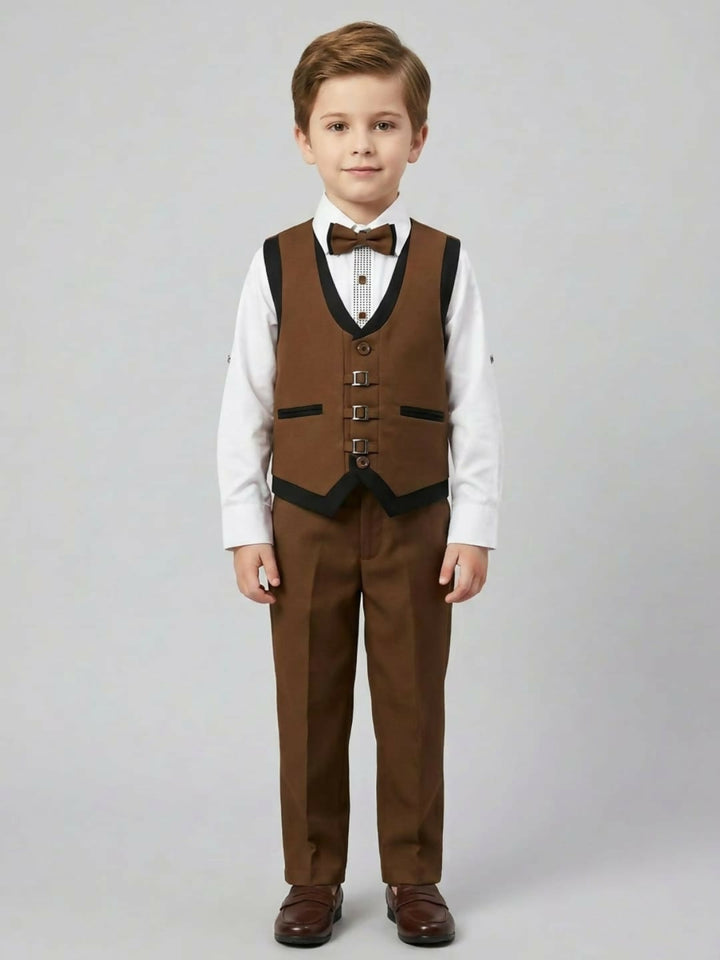 Boys Formal Brown Waistcoat Suit Set with Shirt, Trousers and Bow Tie | SHOBITAM