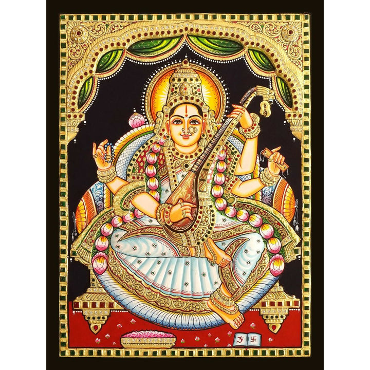 18*24 Authentic TANJORE PAINTING SARASWATHI With 22 Ct gold Foil and Jaipur Gemstones,Unframed | SHOBITAM