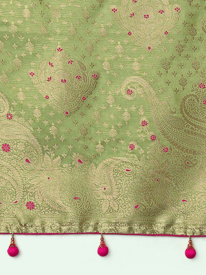 Parrot Green Color Paisley Zari Woven Semi Banarasi Tissue Silk Saree | SHOBITAM