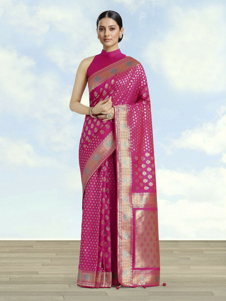 Rani Pink Colour Banarasi Silk Zari Weaving Saree | SHOBITAM
