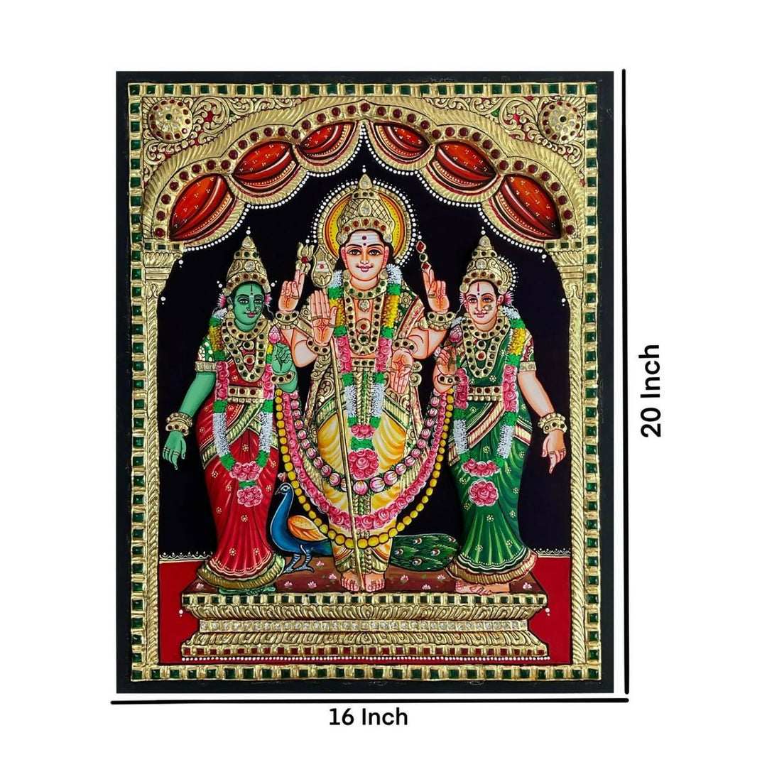 16*20" Tanjore Painting of Murugan Valli Devayani Authentic with 22 Ct Gold Foil and Jaipur Gemstones, Unframed | SHOBITAM