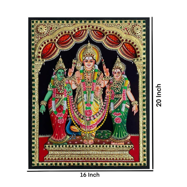 16*20" Tanjore Painting of Murugan Valli Devayani Authentic with 22 Ct Gold Foil and Jaipur Gemstones, Unframed | SHOBITAM