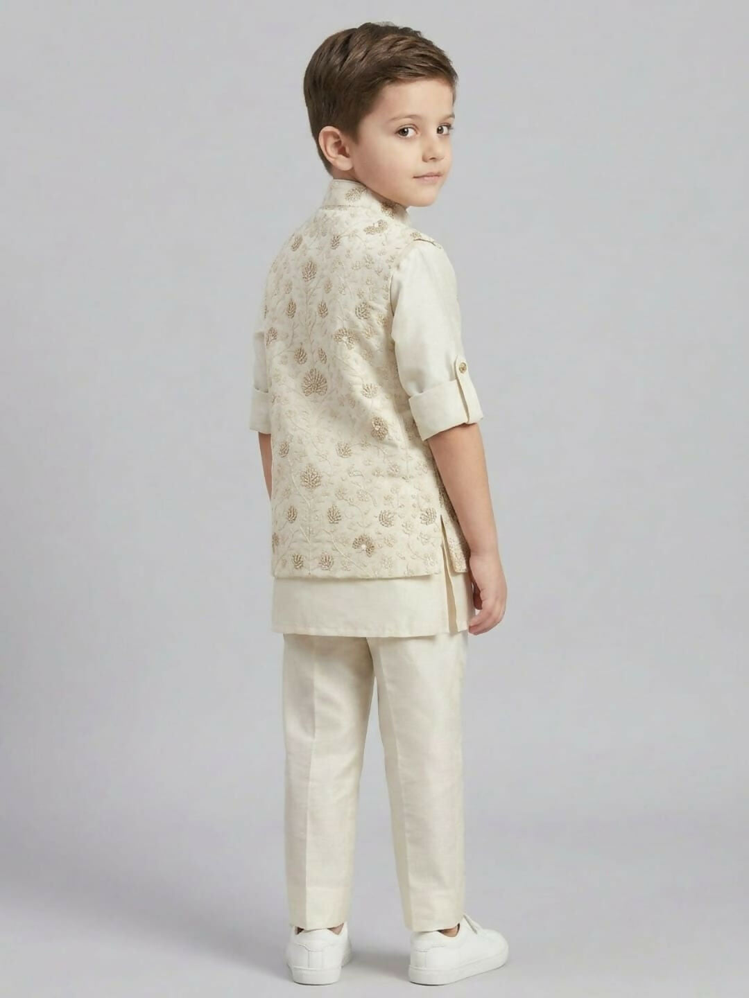Boys Off White Kurta Pajama Set with Embroidered Ethnic Jacket | SHOBITAM