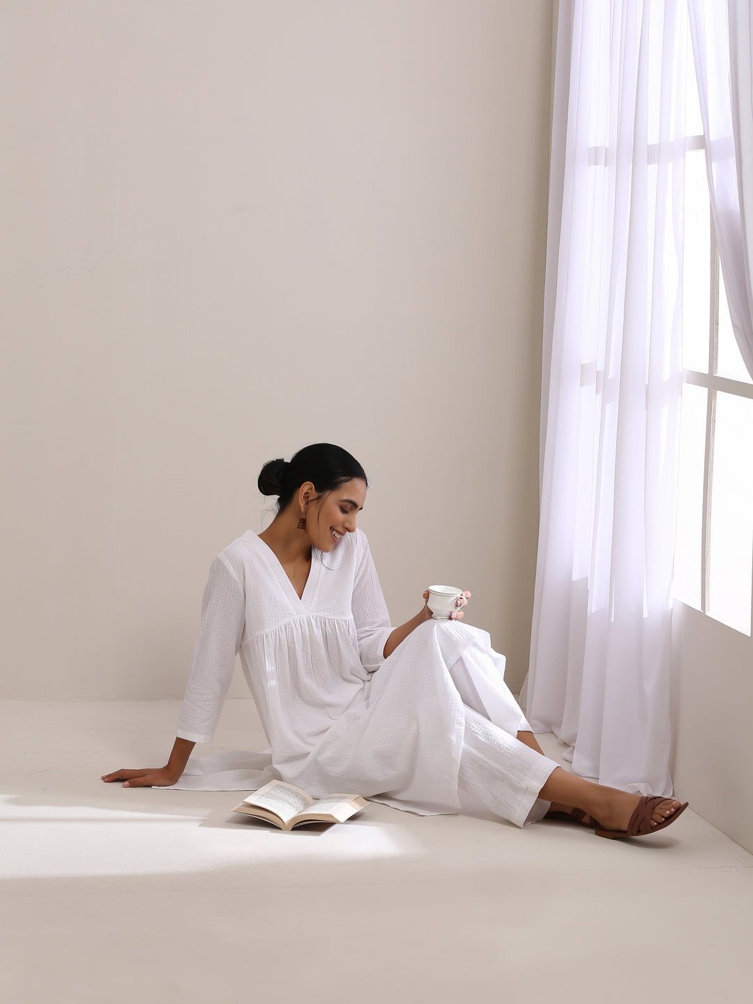 White Dobby Flared Slit Kurta Pant Set  | SHOBITAM