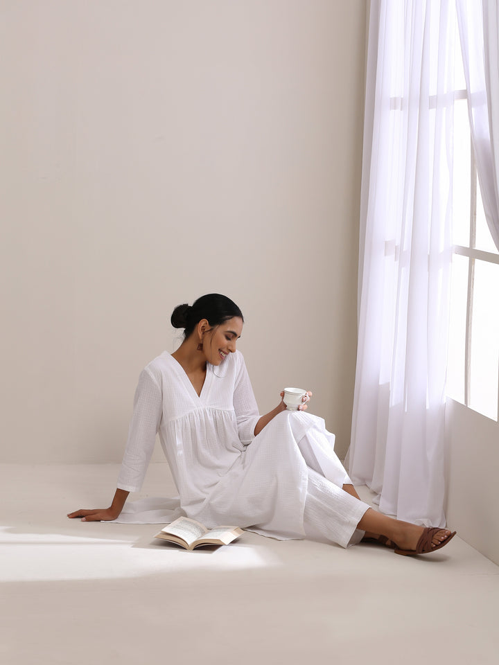 White Dobby Flared Slit Kurta Pant Set  | SHOBITAM