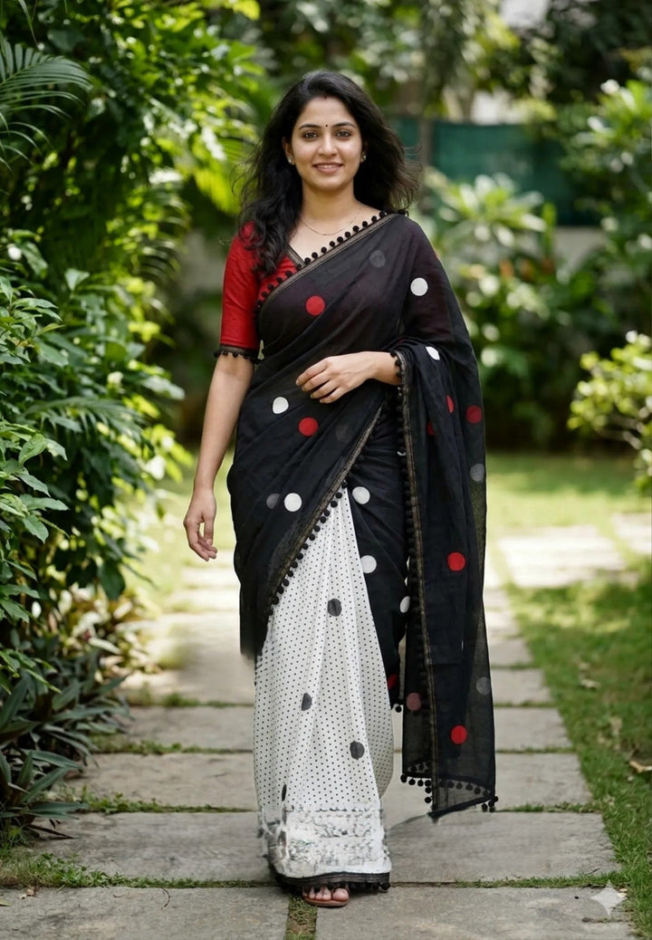 Chanderi Cotton Saree Half and Half Design with Pompoms | SHOBITAM