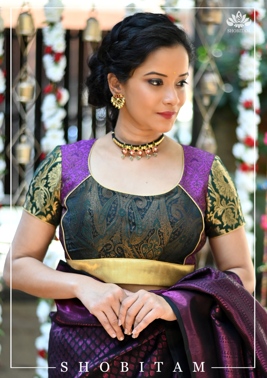 Purple and Black Banarasi Brocade Blouse with Tie back design | SHOBITAM