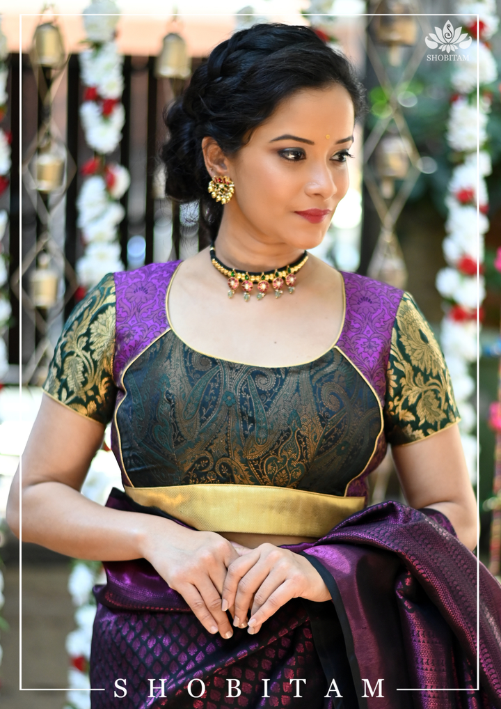 Purple and Black Banarasi Brocade Blouse with Tie back design | SHOBITAM