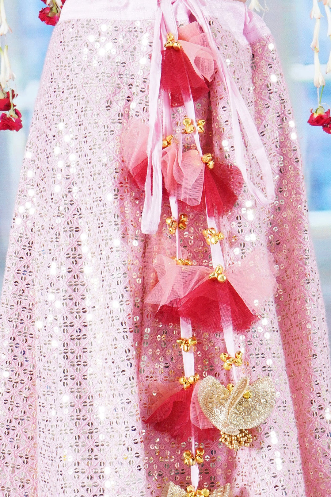 Girl Bageecha Floral Thread work Blouse with Mirror work Lehenga and Sequin moti work Dupatta, accompanied with Hand made tassel and Ghungroo work | SHOBITAM
