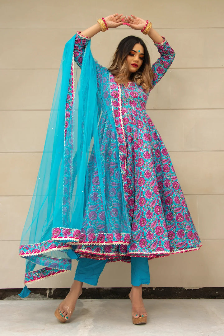 CHITRA HAND BLOCK COTTON ANARKALI SET | SHOBITAM