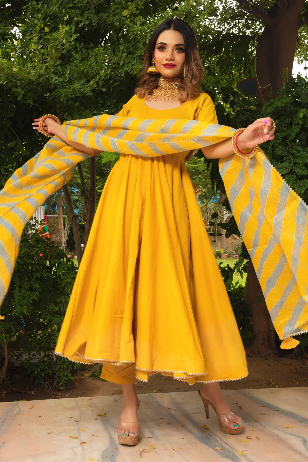 ROSEMARRY YELLOW COTTON ANARKALI SET | SHOBITAM