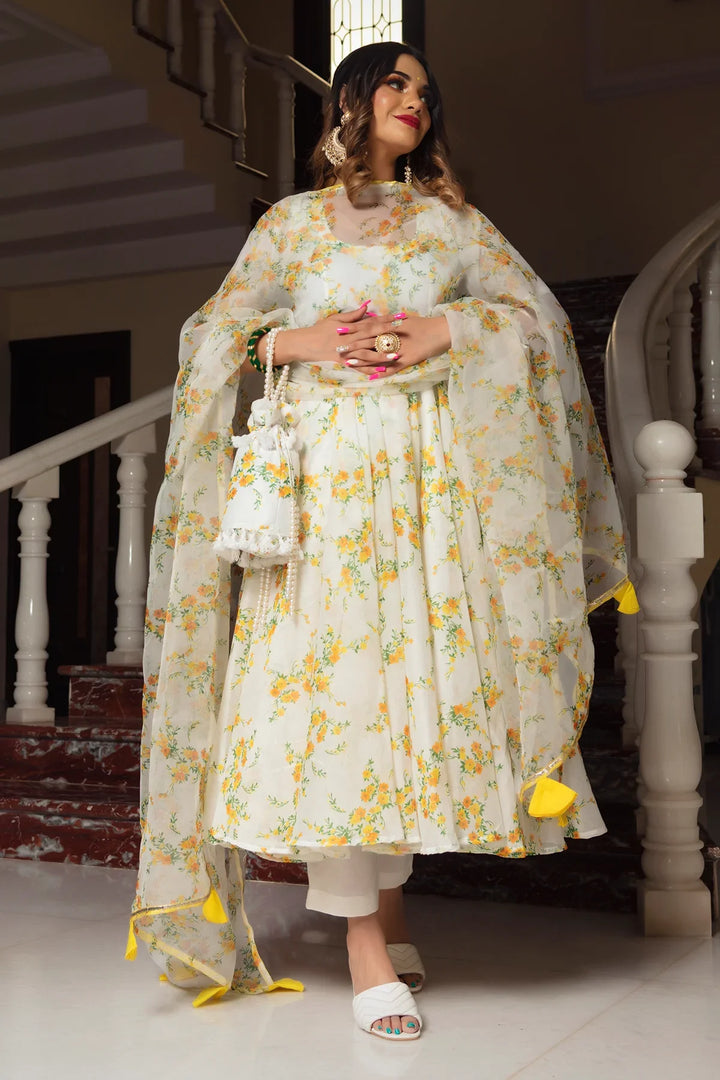 YELLOW PHOOL ORGANZA ANARKALI SET | SHOBITAM