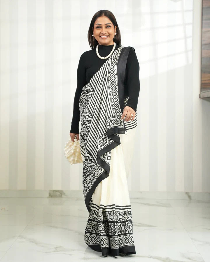 Off White Bishnupuri Handloom Pure Silk Saree with Block Print Geometric Border | SILK MARK CERTIFIED