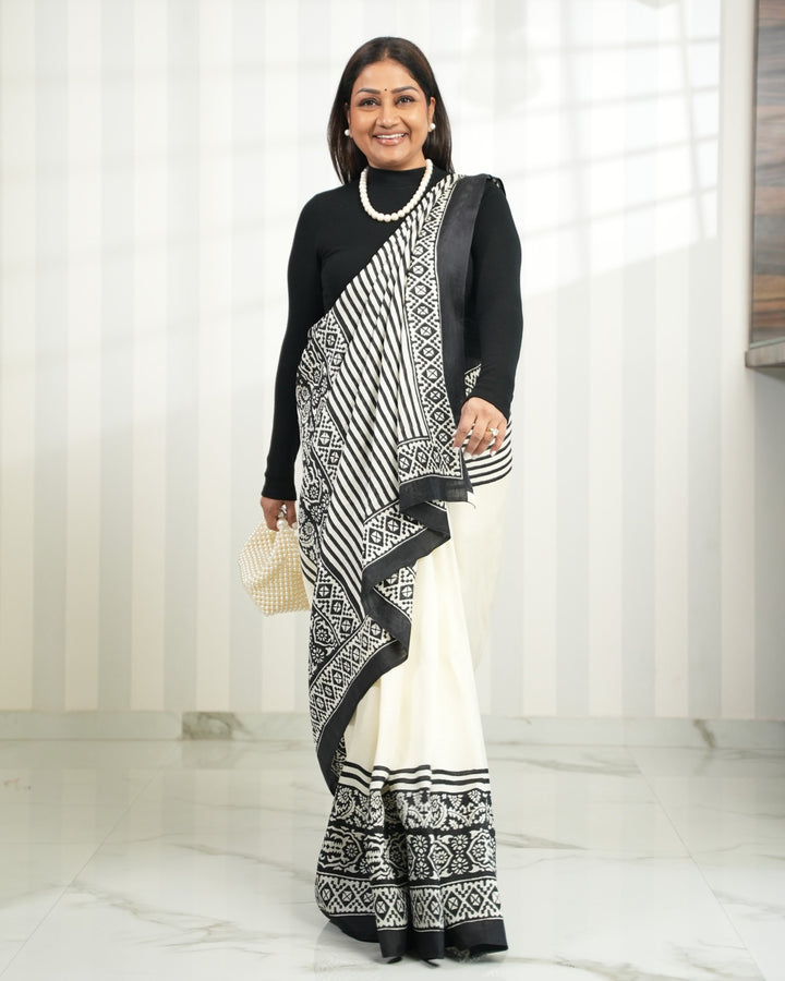 Dolly Jain in Taarika Handloom Silk Block Print Saree | SILK MARK CERTIFIED | SHOBITAM