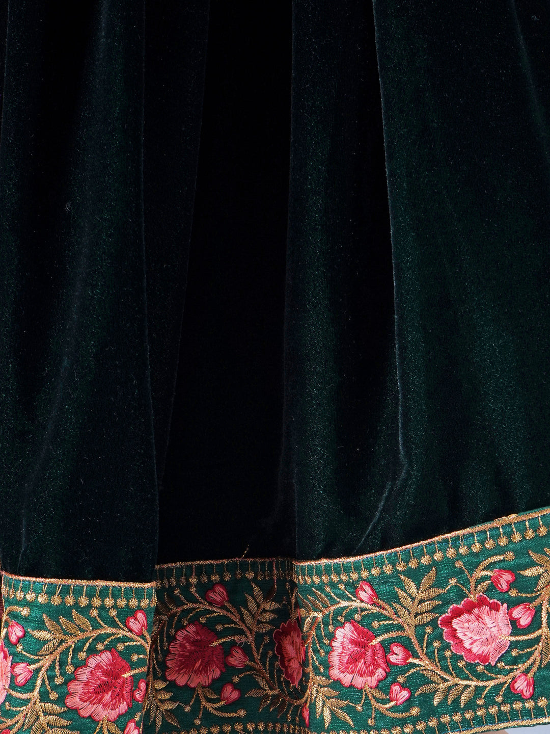 Girl Bageecha Floral Thread work Blouse with Velvet Lehenga and Sequin moti work Dupatta, accompanied with Hand made tassel and Ghungroo work in Green | SHOBITAM