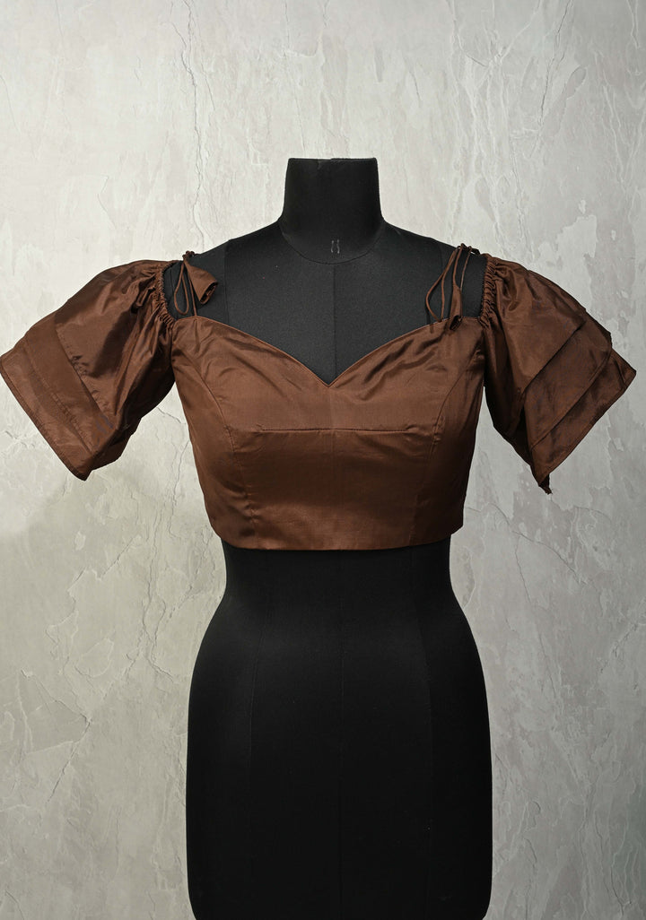 SIZE 36" Brown Sweetheart Neckline Crop Top Blouse with Tiered Ruffle Sleeves and Off Shoulder cut