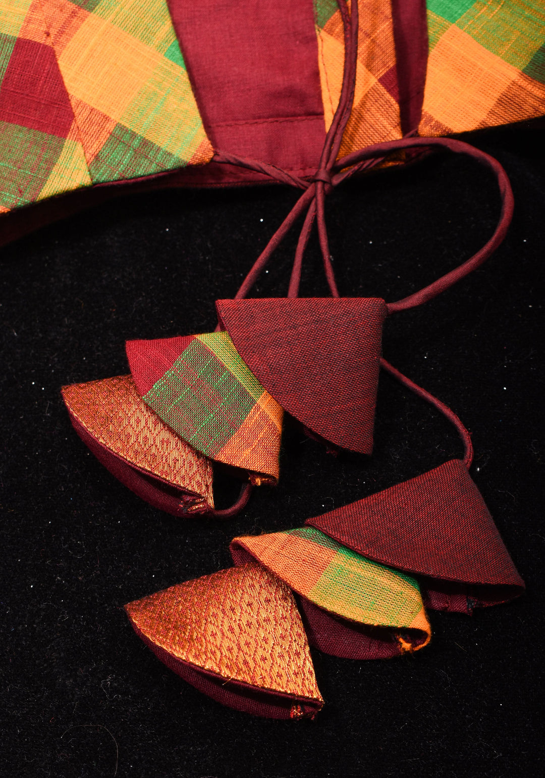 Madras Cotton  checks goblet neck blouse with zari sleeves and tie back