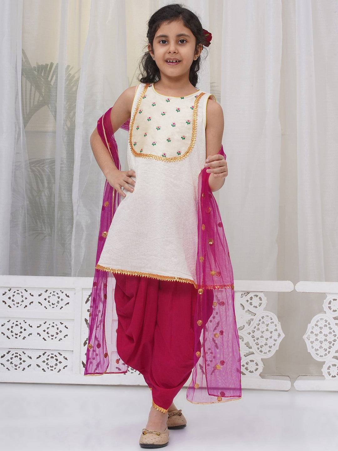 Girls Cotton Sleeveless Kurta with Dhoti Salwar and Dupatta with Floral Embroidery - Cream | SHOBITAM